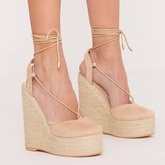 PrettyLittleThing Shoes - PLT Aniesha Nude Faux Suede Tie Ankle Wedges